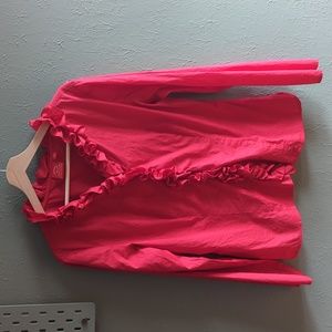 Oscar De La Renta Red Cotton Ruffle Blouse